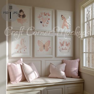May include: A white window bench with pink and white gingham pillows. There are six framed prints on the wall above the bench. The prints feature butterflies, a unicorn, a heart, and a letter A. The text "Amelia" is on one of the prints.