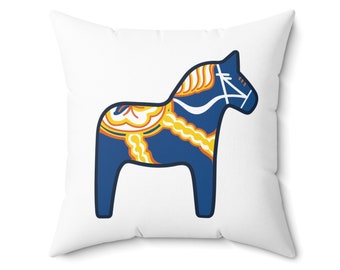 Almohada cuadrada de poliéster hilado con caballo Dala azul en varios tamaños