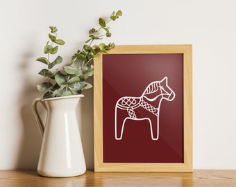 Dala Horse, white and red, digital download print in 5 sizes