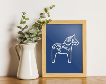 Dala Horse, white and blue, digital download print in 5 sizes