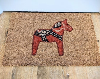 Paillasson Dala Horse, cadeau maison rouge Dala Horse, tapis d'entrée Dala Horse, paillasson suédois, cadeau cheval suédois