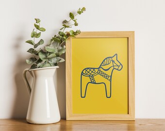 Dala Horse, blue and yellow, digital download print in 5 sizes