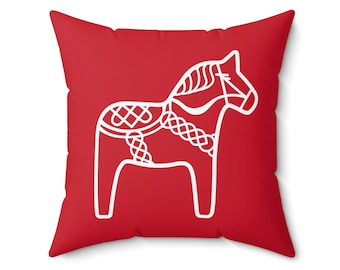 Cojín con forma de caballo rojo de Dala, diseño de arte folclórico escandinavo blanco