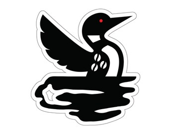 May include: A black and white sticker of a loon bird with a red eye. The bird is shown with its wings spread, above a stylized water surface. The design has a white border.