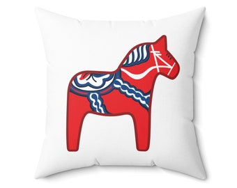 Almohada cuadrada de poliéster hilado con caballo Dala rojo en varios tamaños