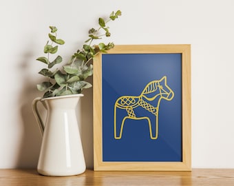 Dala Horse, yellow and blue, digital download print in 5 sizes