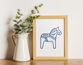 Dala Horse, blue and white, digital download print in 5 sizes