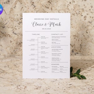 Wedding Day Timeline Template | Wedding Itinerary for Vendors, Bride, Groom, Wedding Party | Canva Template