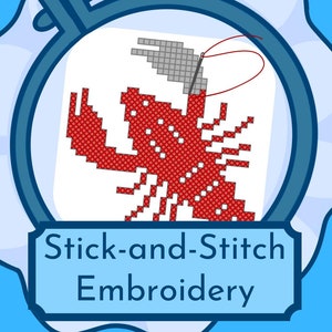 Peut inclure: Un motif de broderie au point de croix représentant un homard rouge dans un cercle avec une aiguille et du fil. Le texte "Stick-and-Stitch Embroidery" est sous le cercle.