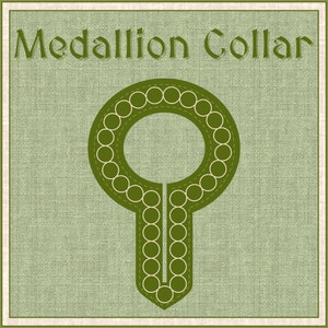 May include: A green medallion collar with a circle design. The collar is made of fabric and has a stitched edge.