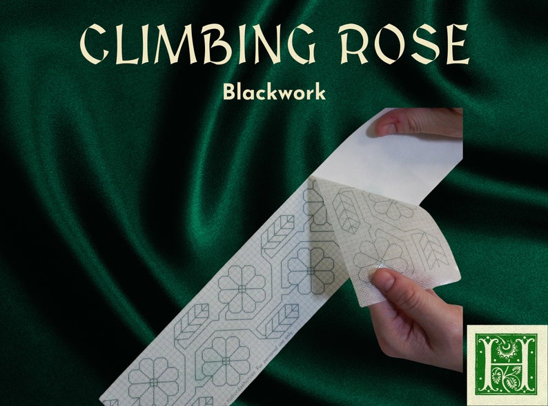 A printed embroidery pattern of a thick twining vine, studded with large flowers and leaves. Similar to many folk embroidery styles.