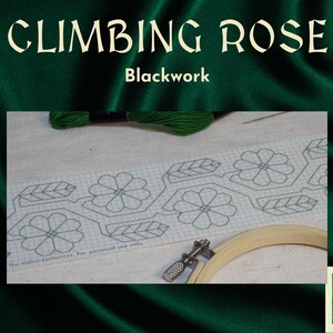 A printed embroidery pattern of a thick twining vine, studded with large flowers and leaves. Similar to many folk embroidery styles.