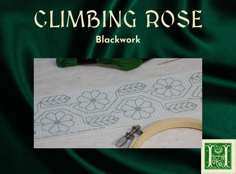 A printed embroidery pattern of a thick twining vine, studded with large flowers and leaves. Similar to many folk embroidery styles.