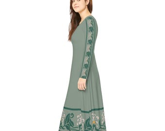 Puede incluir: Un vestido midi verde salvia con mangas largas y estampado floral. Las mangas y el dobladillo del vestido presentan un patrón floral verde y blanco.