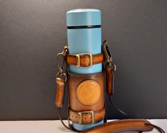 Leather Bottle Holder with Crossbody Strap, Harness Leather Bottle Carrier with Shoulder Strap, Leather Bottle Holder,Leather Bottle Carrier