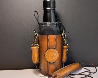 Leather Bottle Holder with Crossbody Strap, Harness Leather Bottle Carrier with Shoulder Strap, Leather Bottle Holder,Leather Bottle Carrier