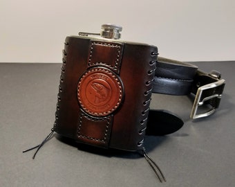 Leather Hip Flask 7oz Holster, Leather Cased Hip Flask 7oz, Leather Hip Flask 7oz Carrier, Leather Hip Flask 7oz  Holder