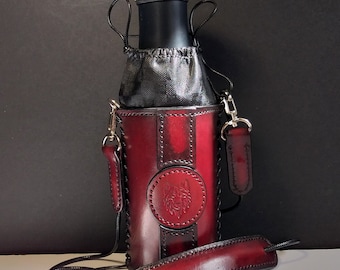 Leather Bottle Holder with Crossbody Strap, Harness Leather Bottle Carrier with Shoulder Strap, Leather Bottle Holder,Leather Bottle Carrier