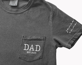 T-shirt pour papa personnalisé Comfort Colors®, chemise pour papa personnalisée avec noms d'enfants sur la manche, t-shirt pour papa Est, t-shirt pour nouveau papa