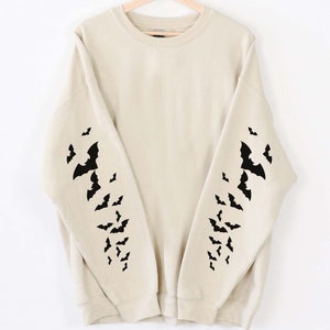 Bat Sweatshirt, Bat Sleeve Print Sweatshirt, Halloween Sweatshirt, Fall Crewneck, Minimalistic Fall Sweatshirt,Halloween Unique Sweatshirt