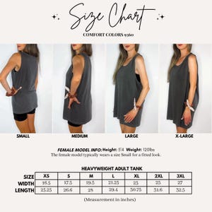 May include: Size chart for a heavyweight adult tank top. The chart includes measurements in inches for sizes XS to 3XL. The image shows a model wearing the tank top in different sizes. The text "Comfort Colors 9360" is also visible.