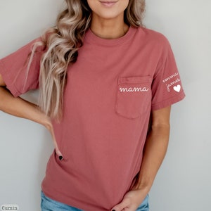 Custom Mama Comfort Colors® Pocket Shirt, Custom Mama Shirt with Children Name on Sleeve, Mama Shirt, Mother&#39;s Day Gift, Christmas Mom Gift