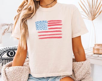 Comfort Colors® USA Flag Women's Boxy Tee, Retro America Shirt, American Flag Shirt, 4th Of July Crop Top, Fourth Of July Patriotic USA Gift