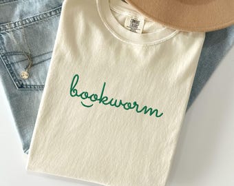 Comfort Colors® Bookworm Embroidered Shirt,Embroidered Bookish Gifts Shirt,Embroidered Book Shirt, Gift for Book Lovers,Embroidered Bookworm