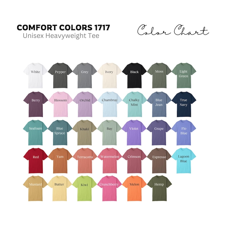 Op de afbeelding: Kleurenkaart met 36 verschillende kleuren van unisex zware t-shirts. De kleuren zijn gerangschikt in rijen en kolommen, met de namen van elke kleur onder het bijbehorende t-shirt.