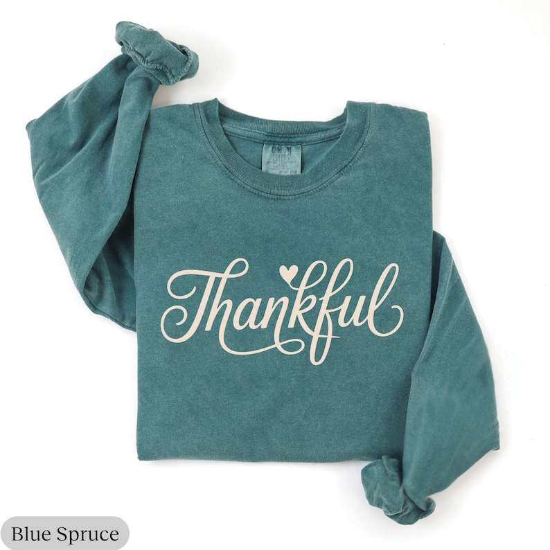 May include: A teal-colored sweatshirt with the word "Thankful" in a cursive font, with a small heart above the "f". The sleeves are bunched up. The sweatshirt is made of a soft material.