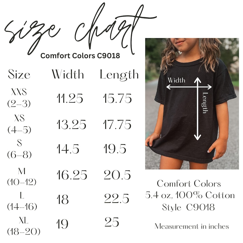 Pode incluir: Tabela de tamanhos para t-shirts Comfort Colors C9018, mostrando as medidas de largura e comprimento em polegadas para os tamanhos XXS (2-3) a XL (18-20). A tabela tamb&eacute;m inclui os detalhes do tecido: 5,4 oz, 100% algod&atilde;o.