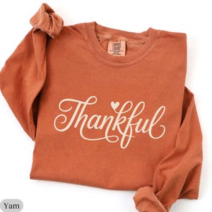 May include: A burnt orange long-sleeve sweatshirt with the word "Thankful" in a cursive font, with a small heart replacing the dot over the "i". The sweatshirt has a crew neck and the brand name "Comfort Colors" is visible on a tag.