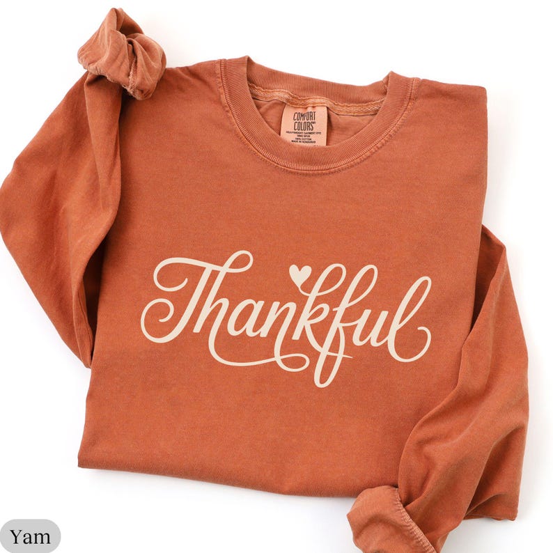 May include: A burnt orange long-sleeve sweatshirt with the word "Thankful" in a cursive font, with a small heart replacing the dot over the "i". The sweatshirt has a crew neck and the brand name "Comfort Colors" is visible on a tag.