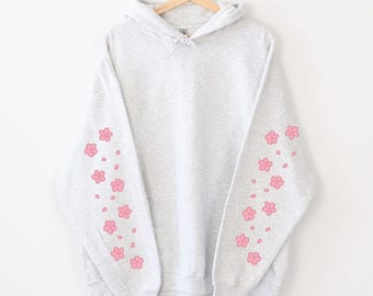 Flowers Sleeve Print Hoodie, Cherry Blossom Cute Sweatshirt, Pink Kawaii Sakura Cherry Blossom Sweatshirt, Kawaii Hoodie, Sakura Hoodie