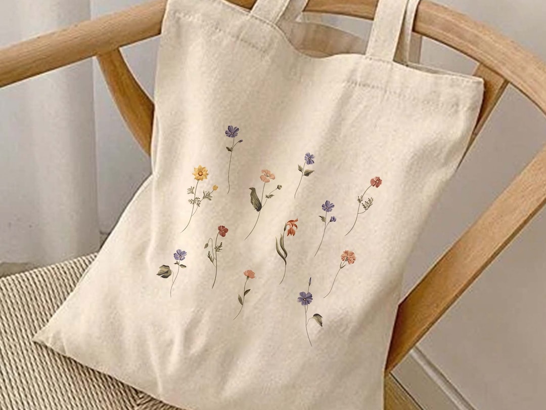 Wildflowers Canvas Tote Bag For Women - Aesthetic Watercolor Print Reusable Grocery Shoulder Bag