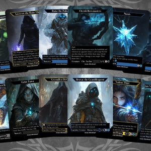 May include: A set of ten fantasy trading cards featuring illustrations of characters and creatures. The cards have a dark background with gold accents and feature text in white.