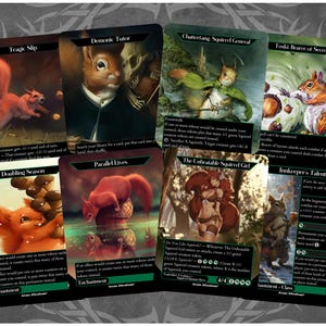 May include: A collection of seven fantasy trading cards featuring squirrel-themed artwork and text. The cards include titles such as Tragic Slip, Demonic Tutor, Chatterfang Squirrel General, Toski Bearer of Secrets, Doubling Season, Parallel Lives, The Unbeatable Squirrel Girl, and Innkeeper's Talent, all displayed with detailed illustrations.