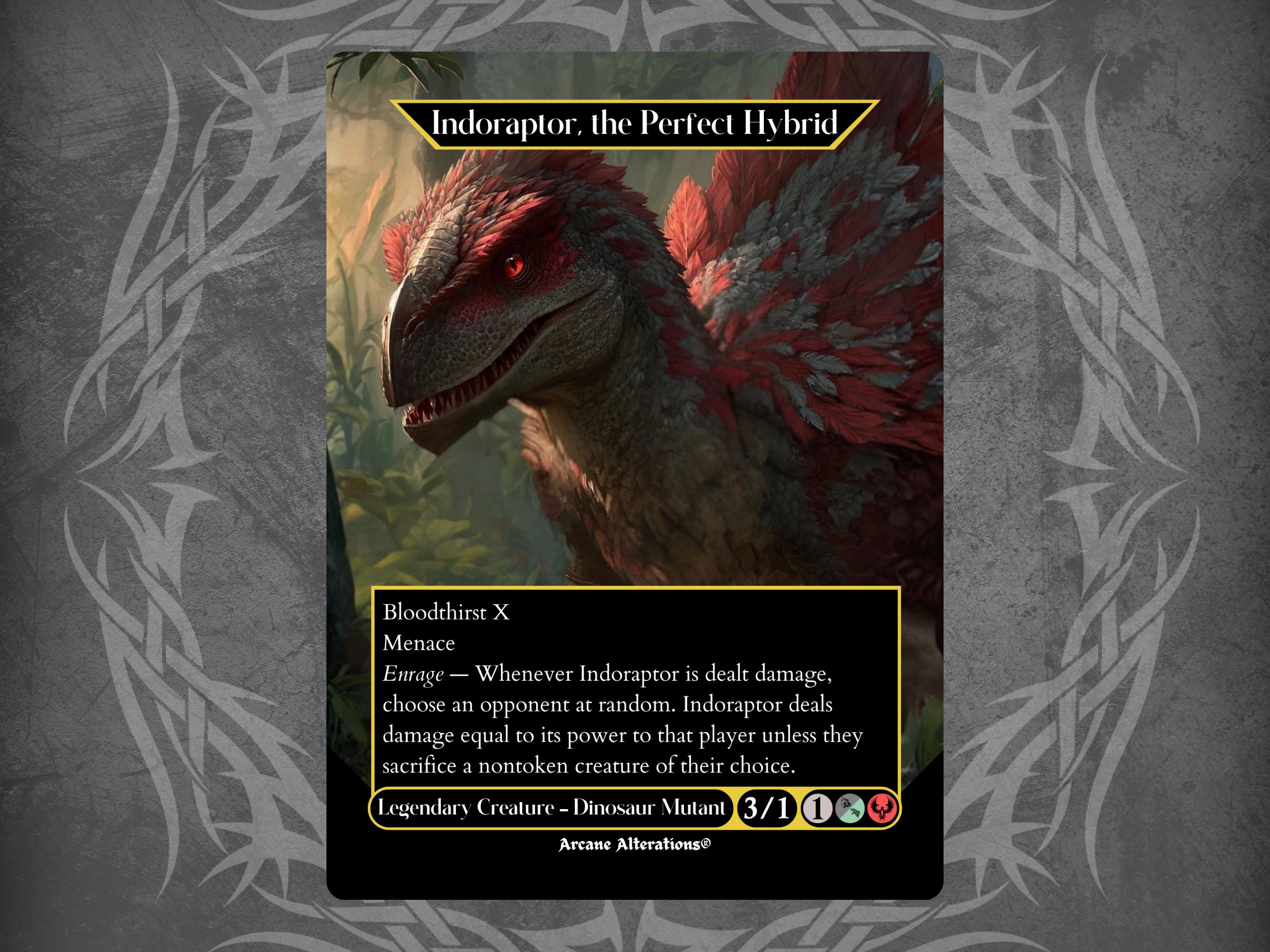 indoraptor mtg card Repercussion | Indoraptor, the Perfect Hybrid where X is the damage dealt to your opponents this turn.) Menace Enrage Whenever Indoraptor Universes Beyond MTG Dinosaur Commander