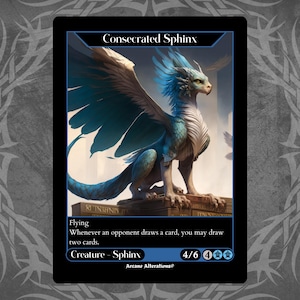 May include: A blue and white Consecrated Sphinx creature card with flying ability. Whenever an opponent draws a card, you may draw two cards. Creature - Sphinx 4/6. Arcane Alterations.