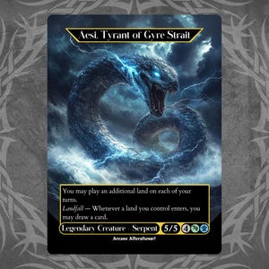 Peut inclure: Aesi, Tyrant of Gyre Strait, une carte de créature légendaire bleue et blanche avec une illustration de serpent. Le texte de la carte indique : "Vous pouvez jouer une terre supplémentaire à chaque tour. Landfall - Chaque fois qu'une terre que vous contrôlez entre en jeu, vous pouvez piocher une carte. Créature légendaire - Serpent 5/5 4 Arcane Alterations"
