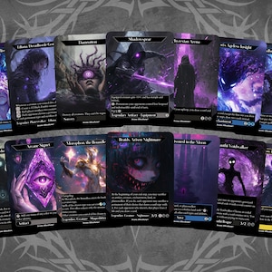 May include: A set of ten fantasy trading cards featuring illustrations of various creatures and characters. The cards are purple, black, and white with text that includes the names of the characters and their abilities.