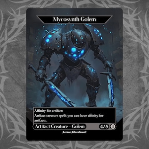 Peut inclure: Une carte de créature Mycosynth Golem bleue et noire avec une force et une endurance de 4/5. La carte a le texte "Affinité pour les artefacts. Les sorts de créature d'artefact que vous lancez ont l'affinité pour les artefacts." et "Créature d'artefact - Golem".
