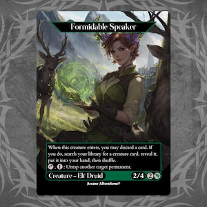 Może przedstawiać: Karta fantasy przedstawiająca elfią druidkę z kwiatową koroną, trzymającą świecącą zieloną kulę. Karta nosi tytuł "Formidable Speaker" i zawiera tekst gry oraz statystyki. W tle stoi jeleń.