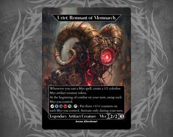 Op de afbeelding: Een fantasy trading card met een mechanisch wezen met een rood oog en een grote hoorn. De kaart is getiteld "Urtet, Overblijfsel van Memnarch" en heeft de tekst "Legendarisch Artefact Wezen - Myr 2/2 3".