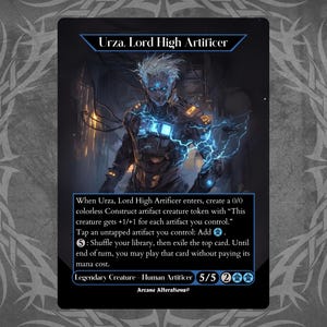 Può includere: Una carta blu e bianca di Magic: The Gathering che raffigura una figura umanoide con energia blu incandescente. La carta è intitolata "Urza, Gran Artificiere" e contiene il testo "Quando Urza, Gran Artificiere entra in gioco, crea un gettone creatura artefatto 0/0 incolore con "Questa creatura ottiene +1/+1 per ogni artefatto che controlli.". Tappa un artefatto non tappato che controlli: Aggiungi . : Mescola il tuo grimorio, poi esilia la carta superiore. Fino alla fine del turno, puoi giocare quella carta senza pagare il suo costo di mana." La carta è una creatura leggendaria - Artificiere umano con una forza di 5 e una costituzione di 5.