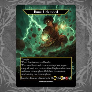以下が含まれることがあります： 「Bumi, Unleashed」と書かれたファンタジーカード。茶色のローブを着た人物が、手から緑色のエネルギーを発している様子が描かれています。背景には緑色の稲妻と岩が描かれています。カードは黒い縁取りで、ゲームテキストが含まれています。