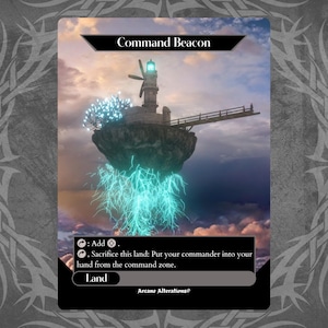 May include: A fantasy card featuring a floating island with a lighthouse and a wooden bridge. The card is titled "Command Beacon" and has text at the bottom. The island has glowing blue energy emanating from it. The card is a "Land" card.