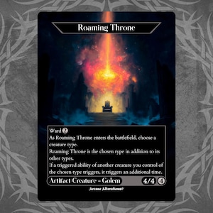 Op de afbeelding: Een zwarte kaart met de tekst "Roaming Throne" bovenaan. De kaart toont een illustratie van een troonzaal met een vurig licht dat van bovenaf uitstraalt. De kaart bevat ook speltekst en de tekst "Artifact Creature - Golem".