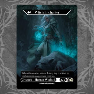 May include: A fantasy card depicting a Witch Enchanter with long white hair, dressed in light robes, and wielding glowing blue orbs. A wolf rests at her feet. The card text reads "Creature - Human Warlock" and "Arcane Alterations".