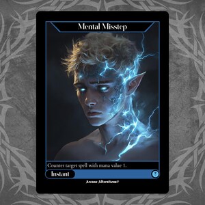 May include: A blue and black Magic: The Gathering card with the text "Mental Misstep" and "Counter target spell with mana value 1." The card has an illustration of a young person with blue eyes and lightning bolts around them.